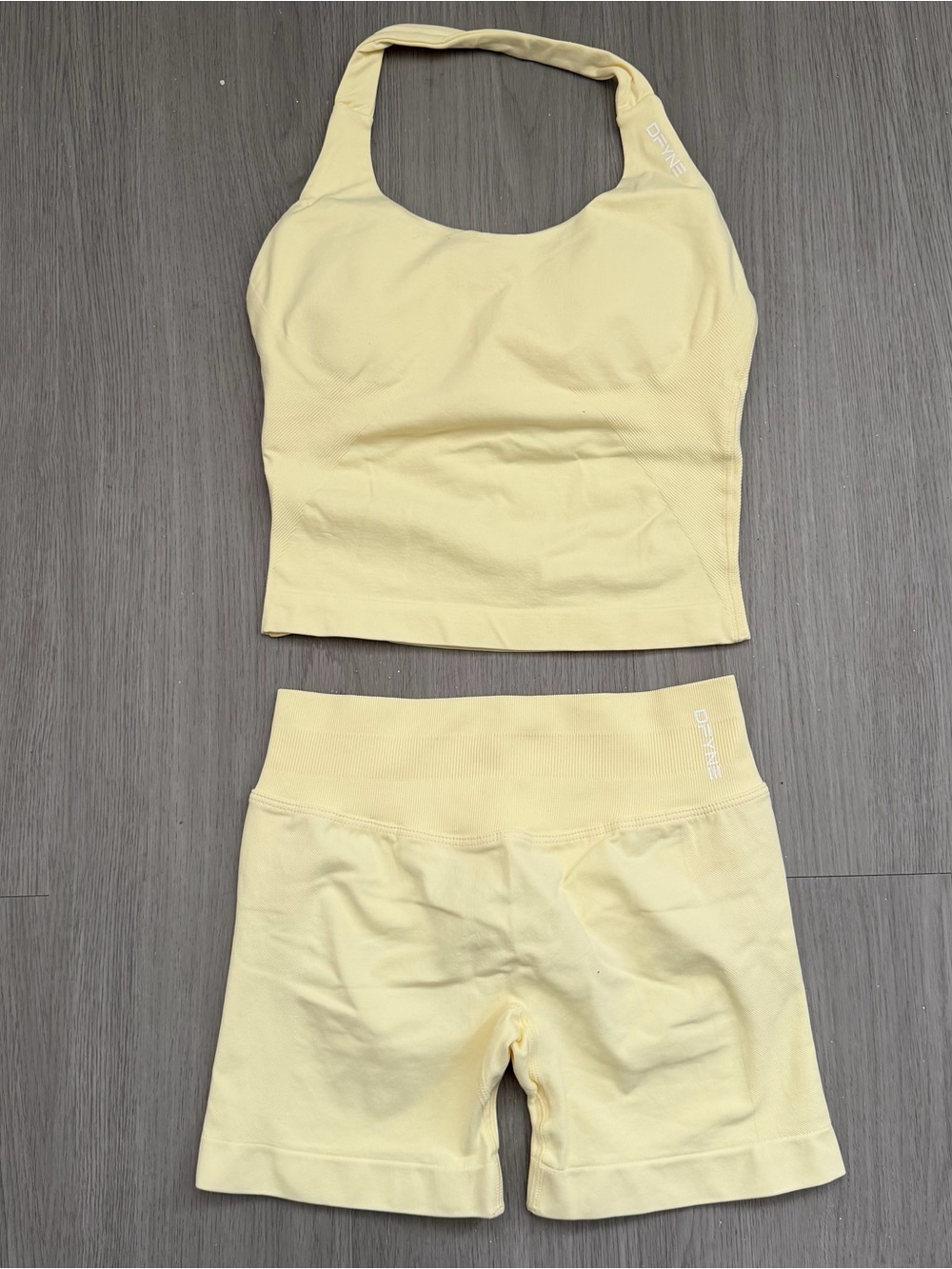 DFyne butter yellow halter top and impact shorts set